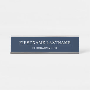 Placa De Mesa Elegante Azul e Branco com Título de Nome Linha Si
