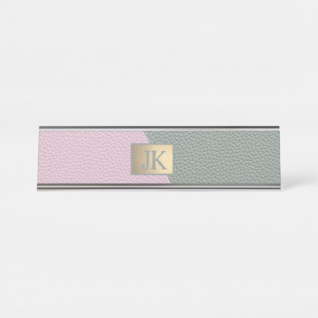 Placa De Mesa Elegante couro rosa verde Monogram   (Frente)