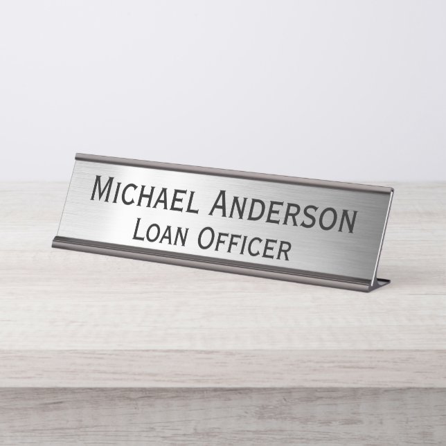 Placa De Mesa Elegante Falso Prata Moderno Escritório Personaliz (Frente)