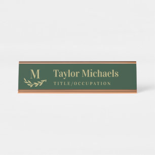 Placa De Mesa Elegante folhagem Bege Escuro Verde Monograma & No