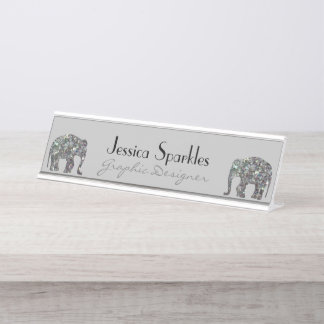 Placa De Mesa Elegante mosaico prateado brilhante Elefante cinza