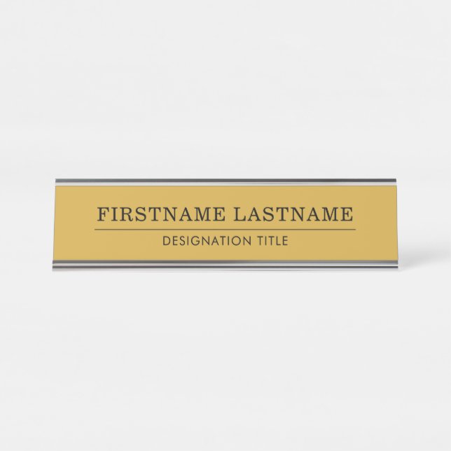 Placa De Mesa Elegante Ouro Branco com Nome Título Linha Simples (Frente)
