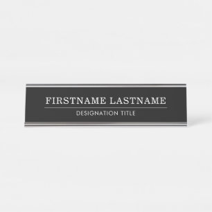 Placa De Mesa Elegante Preto Branco com Nome Título Linha Simple