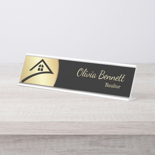 Placa De Mesa Elegante Preto e Dourado (Frente)