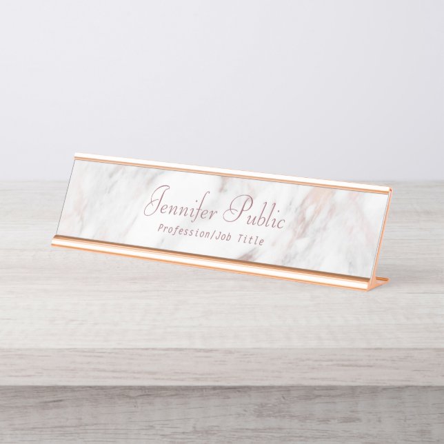 Placa De Mesa Elegante Rosegold Marble Modelo de Script Moderno (Frente)