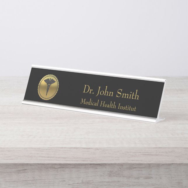 Placa De Mesa Emblema Caduceu Médico Dourado 3D Profissional (Frente)