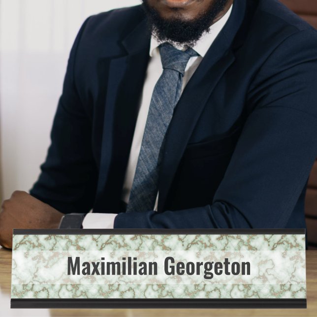 Placa De Mesa Faux Green Dourado Marble (Faux Green Gold Marble Desk Name Plate by Office Accessories Shop)