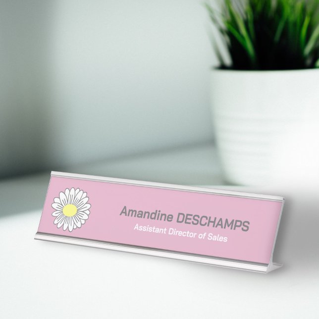 Placa De Mesa Flor de margarida botânica rosa (Botanical Daisy Flower Pink Desk Name Plate)