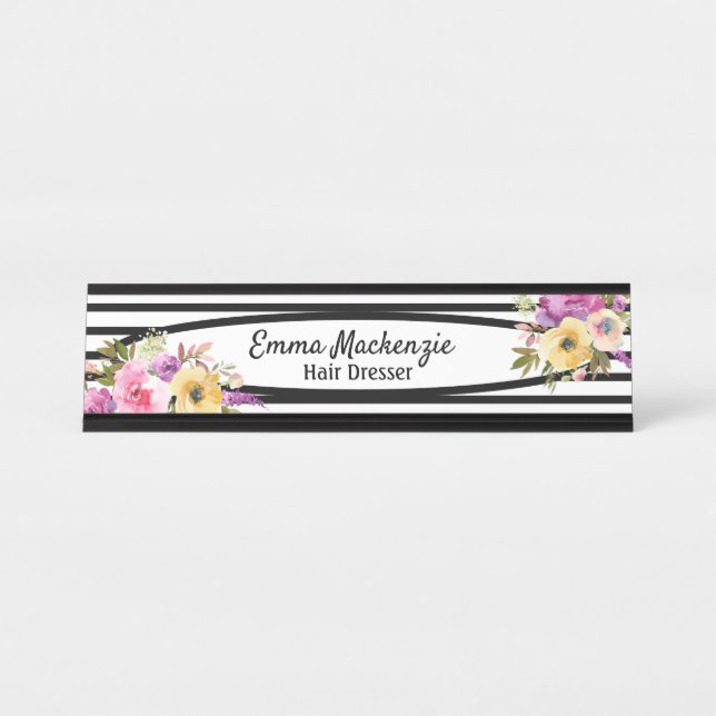 Placa de mesa Floral Flores Preto e Branco para es (Frente)