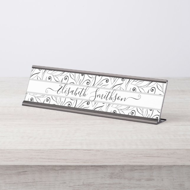 Placa De Mesa Floral Profissional Branco E Preto Simples (Frente)