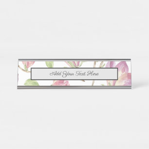 Placa De Mesa Flores Aquarela Jardim Floral Rosa Folhas Verdes