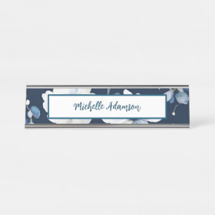 Placa De Mesa Flores Brancas Azuis Simples, Na moda Retro