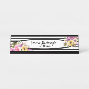 Placa De Mesa Flores Florais - Sinal preto e branco do escritóri