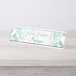 Placa De Mesa Flores Verdes com Pintura Botânica