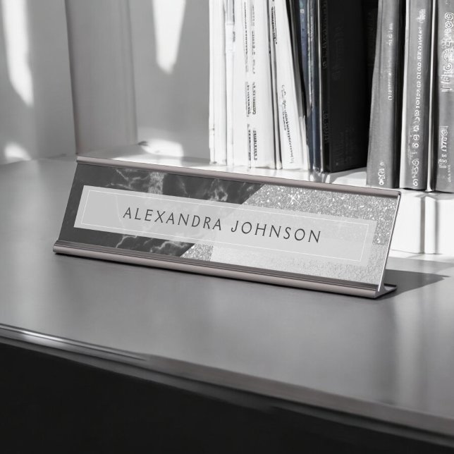 Placa De Mesa Folha brilhante prateada e mármore preto (Criador carregado)