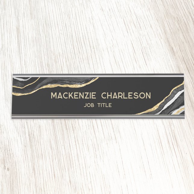 Placa De Mesa Funcionário Dourado de brilho do mármore preto (Black agate geode marble gold glitter effect business desk nameplate)