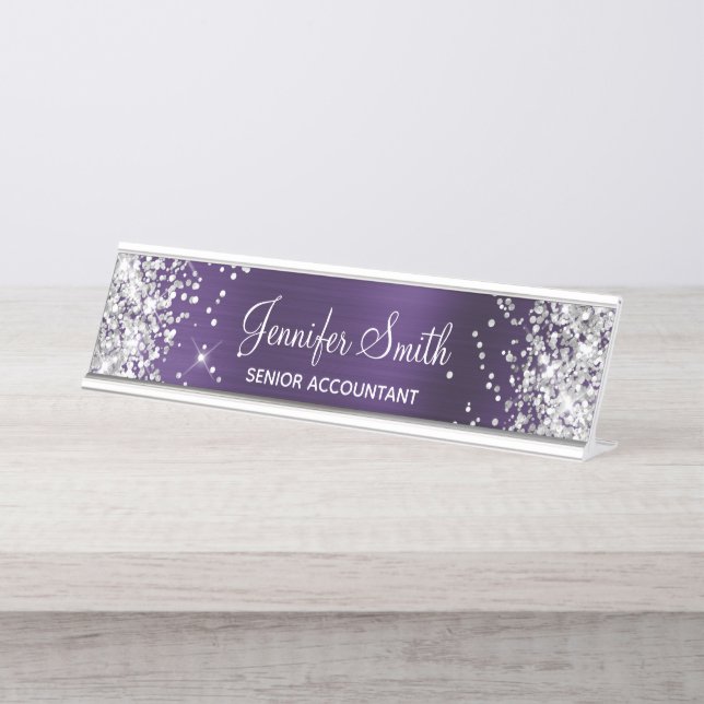 Placa De Mesa Garota Glittery Silver Faux Dark Violet Foil (Frente)