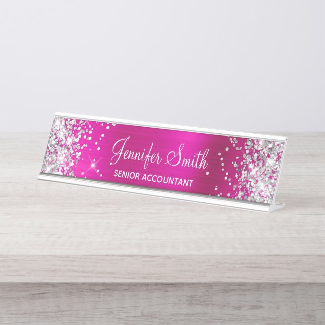 Placa De Mesa Garota Glittery Silver Faux Hot Pink Foil (Frente)