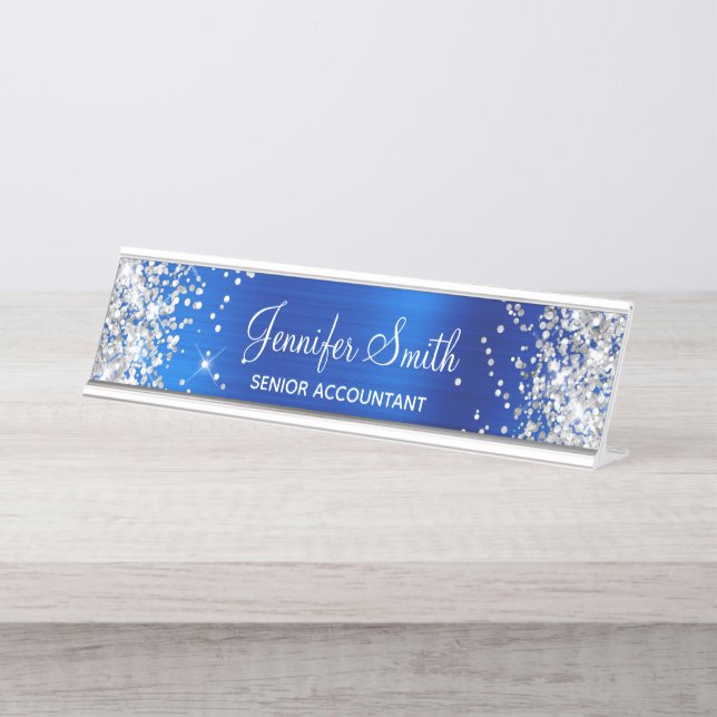 Placa De Mesa Garota Glittery Silver Faux Royal Blue Foil (Frente)