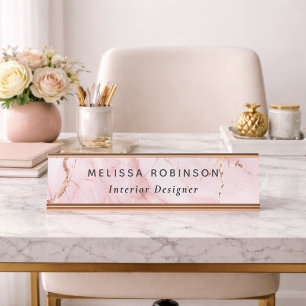 Placa De Mesa Girly Chic Rosa Bege e Mármore Dourado Empresarial
