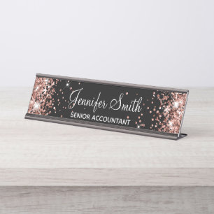 Placa De Mesa Girly Faux Rosa Dourada Glitter Black