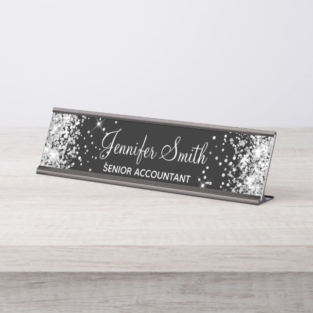 Placa De Mesa Girly Faux Silver Glitter Black (Frente)