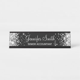 Placa De Mesa Girly Faux Silver Glitter Black
