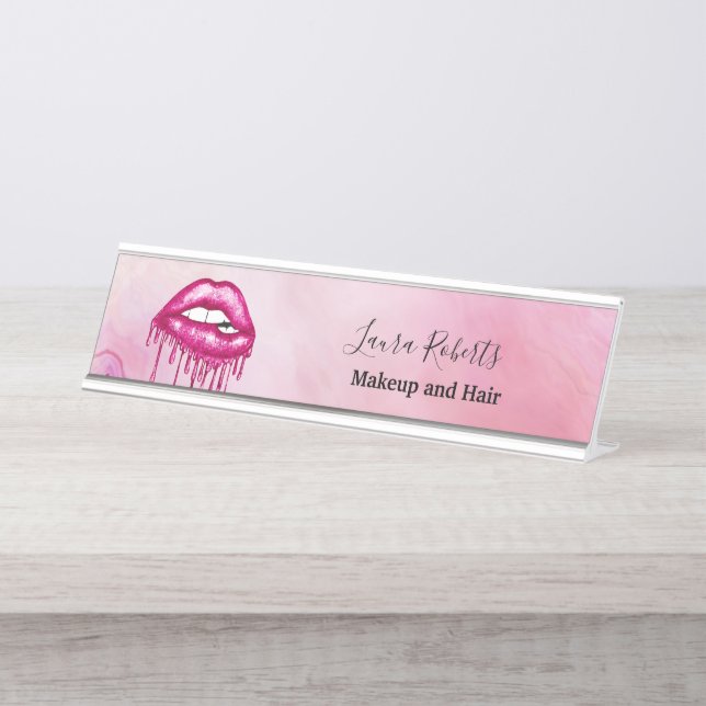 Placa De Mesa Girly Office Pink Lábios e Glitter (Frente)