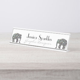 Placa De Mesa Glitter elefante branco de mosaico prateado