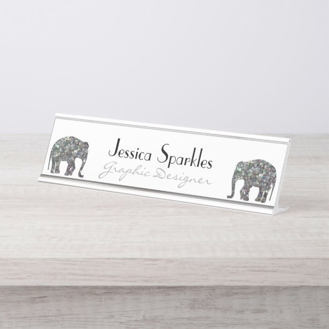 Placa De Mesa Glitter elefante branco de mosaico prateado (Frente)