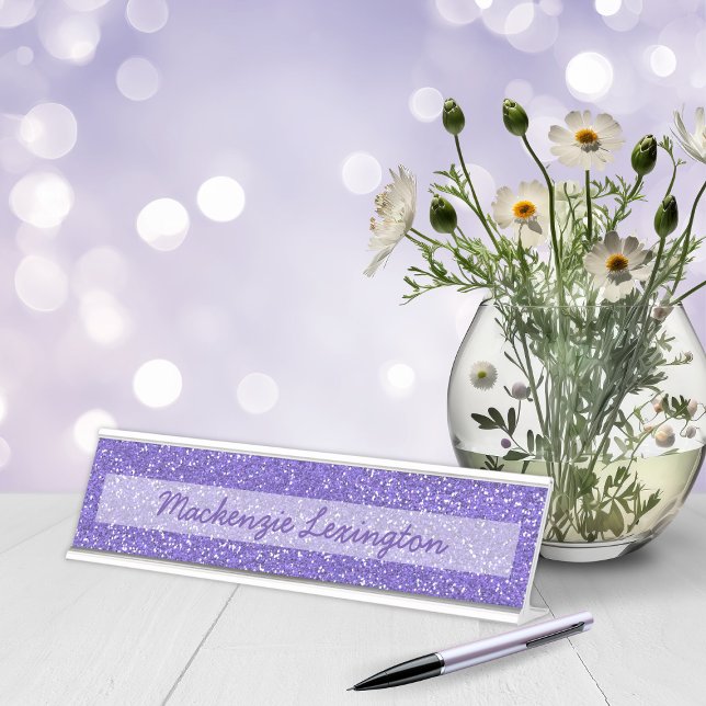 Placa De Mesa Glitter Roxo Personalizável | Chic Sparkle (Customizable Purple Glitter | Chic Sparkle Desk Name Plate)
