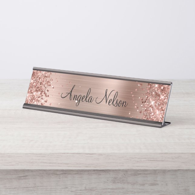 Placa De Mesa Glittery Faux Rosa Gold Foil Name (Frente)