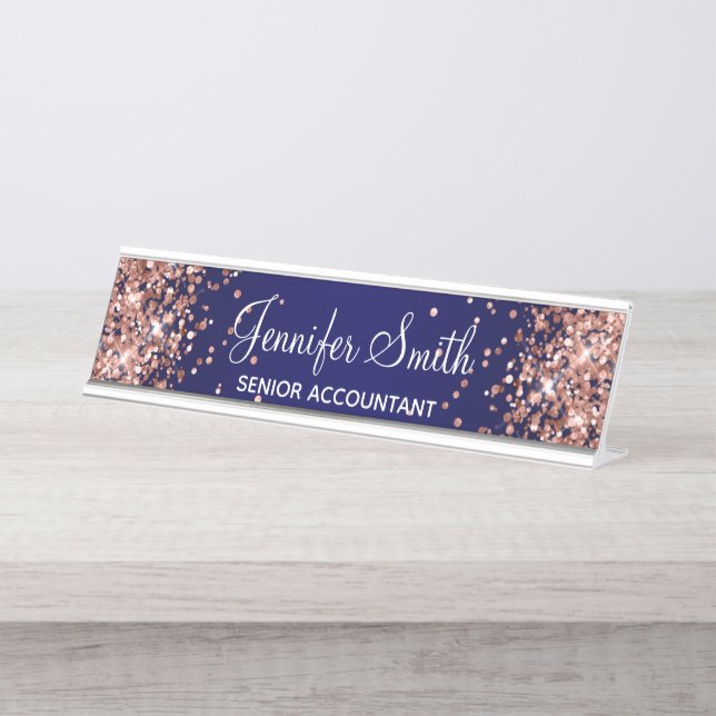 Placa De Mesa Gradiente Azul Naval Dourado Rosa Brilhante (Frente)