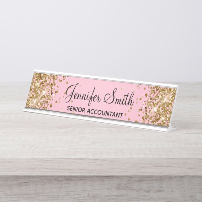 Placa De Mesa Gradiente Rosa Claro Brilho Dourado (Frente)