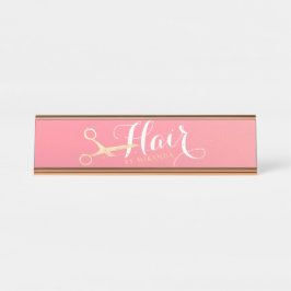 Placa De Mesa Hairstylist Makeup Salon Modern Pink Tesoura Doura