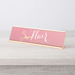 Placa De Mesa Hairstylist Makeup Salon Modern Pink Tesoura Doura
