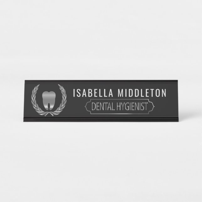 Placa De Mesa Higienista dentária - em Preto e Prata (Frente)