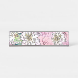 Placa De Mesa Ilustração Floral Branco e Rosa Brilhante
