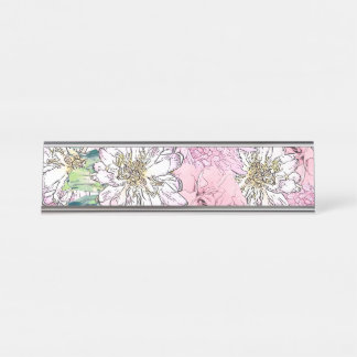 Placa De Mesa Ilustração Floral Branco e Rosa Brilhante