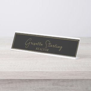 Placa De Mesa Imobiliário Dourado Preto Rascunho Metálico