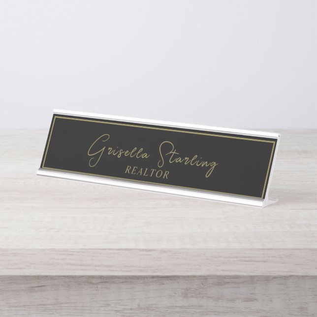 Placa De Mesa Imobiliário Dourado Preto Script Metálico (Frente)