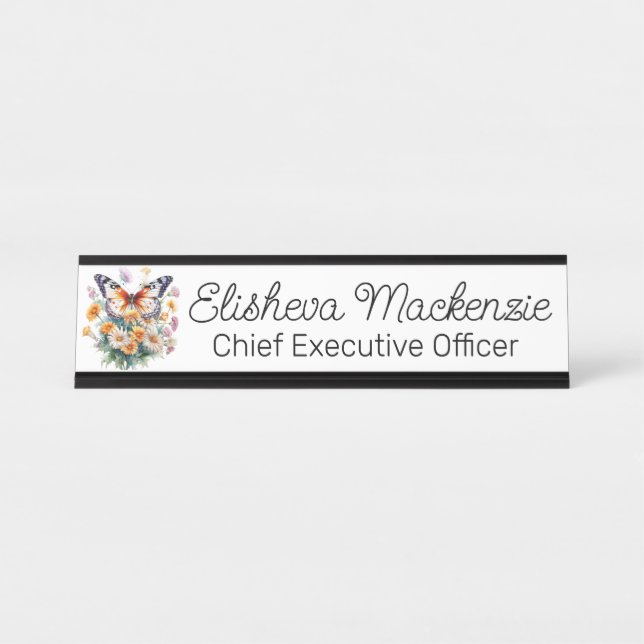 Placa De Mesa Jardim de Borboletas Laranja e Branco Escritório (Frente)