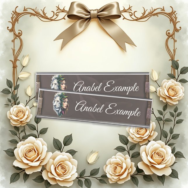 Placa De Mesa Leão Branco e Mulher (Criador carregado)