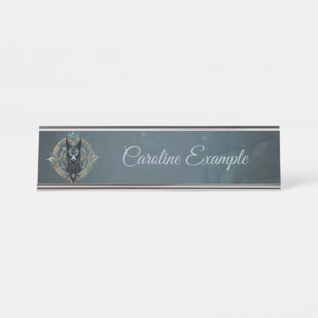 Placa De Mesa Lobos negros com olhos azuis perfurantes, (Frente)