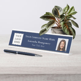 Placa De Mesa Logotipo Azul Personalizado da Empresa Foto Nome d