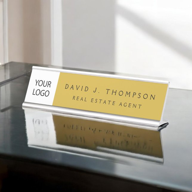 Placa De Mesa Logotipo Dourado preto personalizado (Criador carregado)