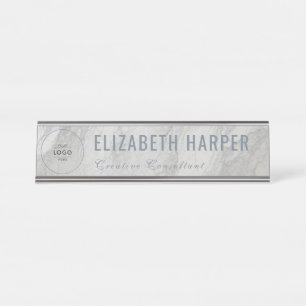 Placa De Mesa Logotipo Empresarial Azul e Mármore Branco Moderno