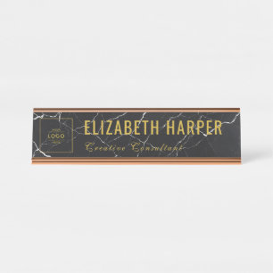 Placa De Mesa Logotipo Empresarial de Mármore Dourado e Preto de