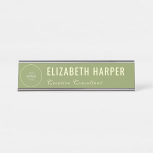 Placa De Mesa Logotipo Personalizado Empresarial Verde e Creme C