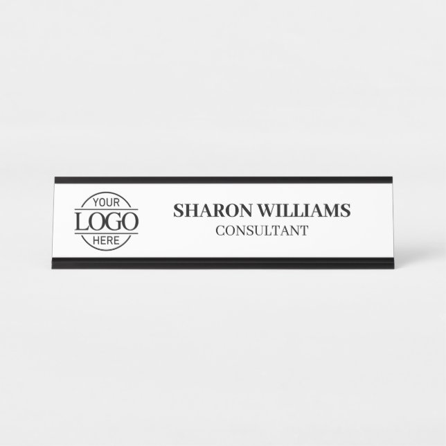 Placa De Mesa Logotipo personalizado | Preto e Branco Elegante p (Frente)